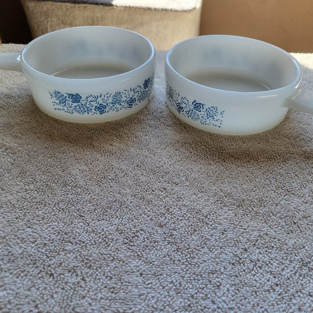 2 Vintage Fire King Anchor Hocking White Milk Glass Soup Bowl With Handle #240